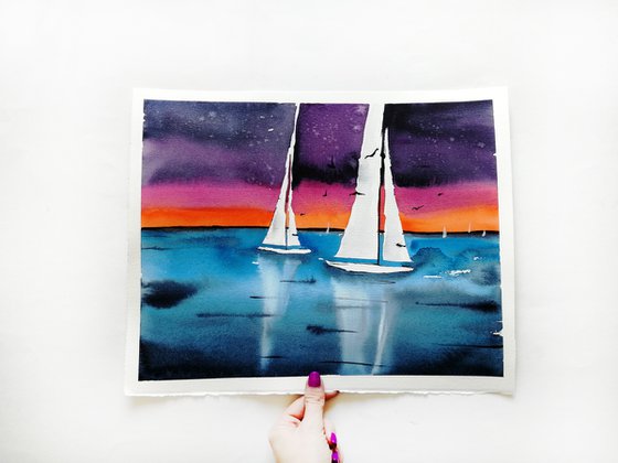 Sailboat painting. Seascape