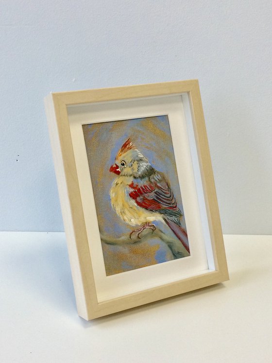 Bird portrait of a cardinal female - Framed shelf painting - Gift idea for bird lover