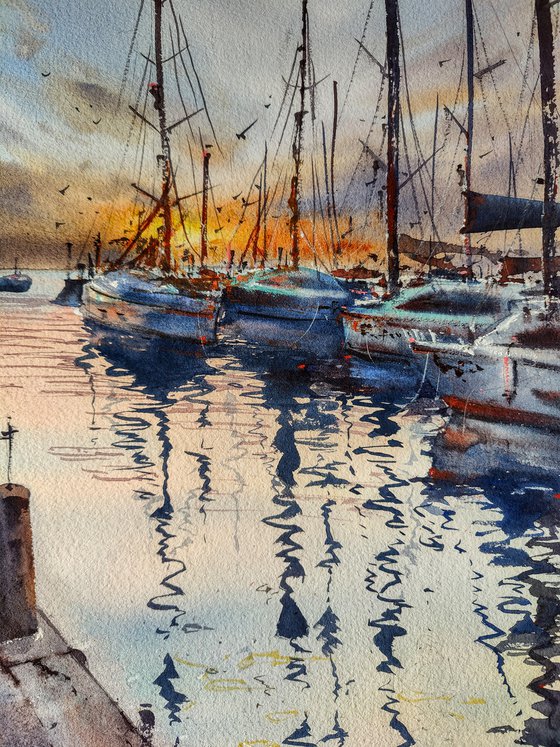 Portorose harbour | Original watercolor painting