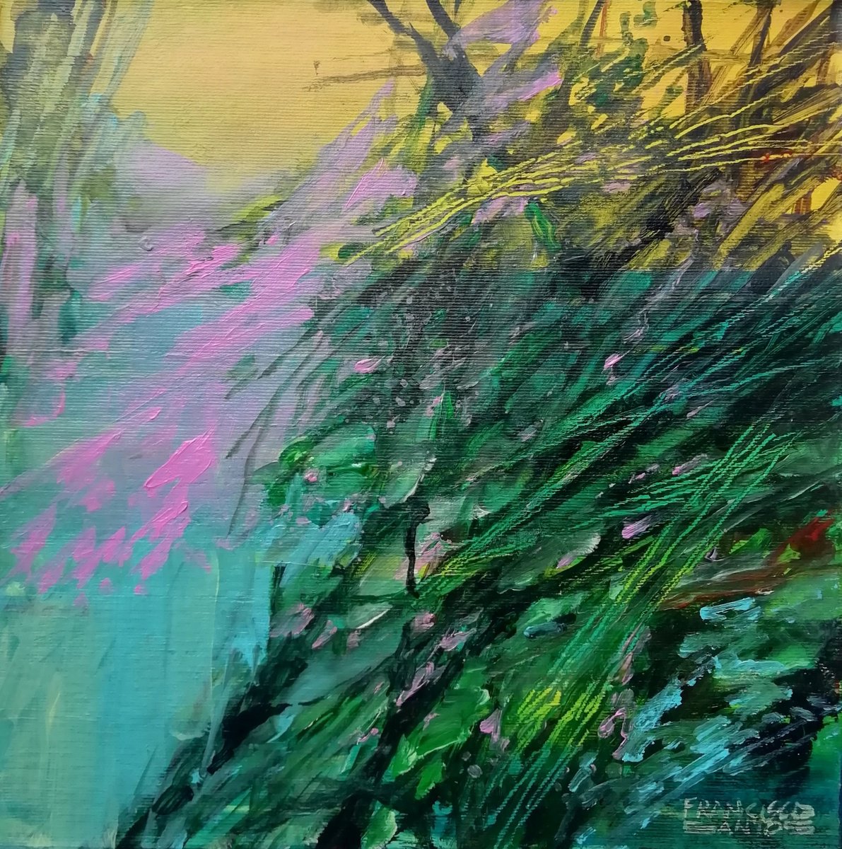 Expressive Landscape Acrylic Painting By Francisco Santos, 12 X 12, Forest On Friday Morning, Original Artwork