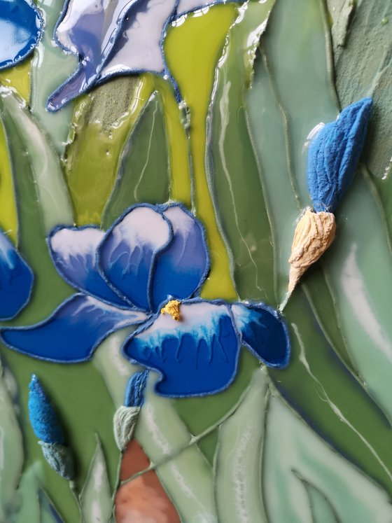 Van Gogh's irises - beautiful flowers that have turned from a painting into a bas-relief, 100x70x6 cm depts