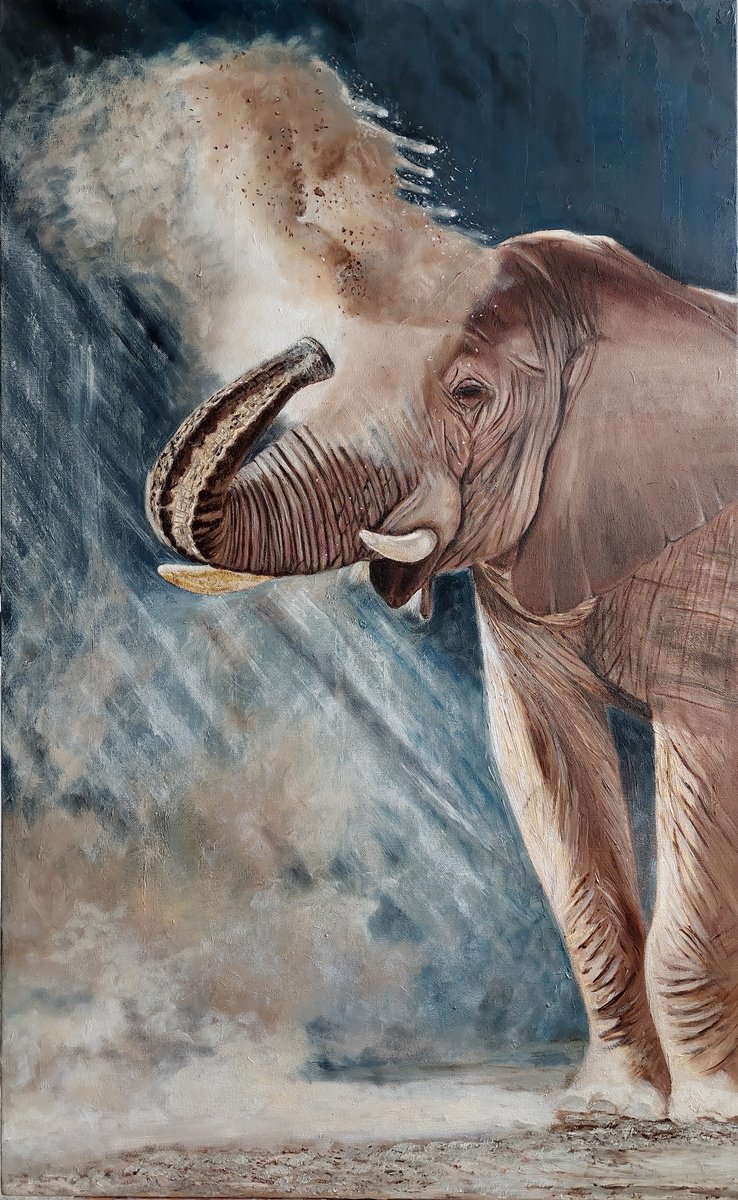 Impressionistic Animal Oil Painting By Ira Whittaker, 24 X 39, Ritual Of Elephant, Original Artwork