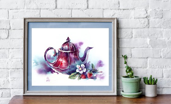 Modern still life "Tea drinking with strawberries" original watercolor sketch