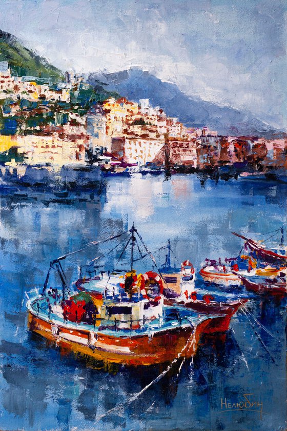 "Boats in the harbor", seascape