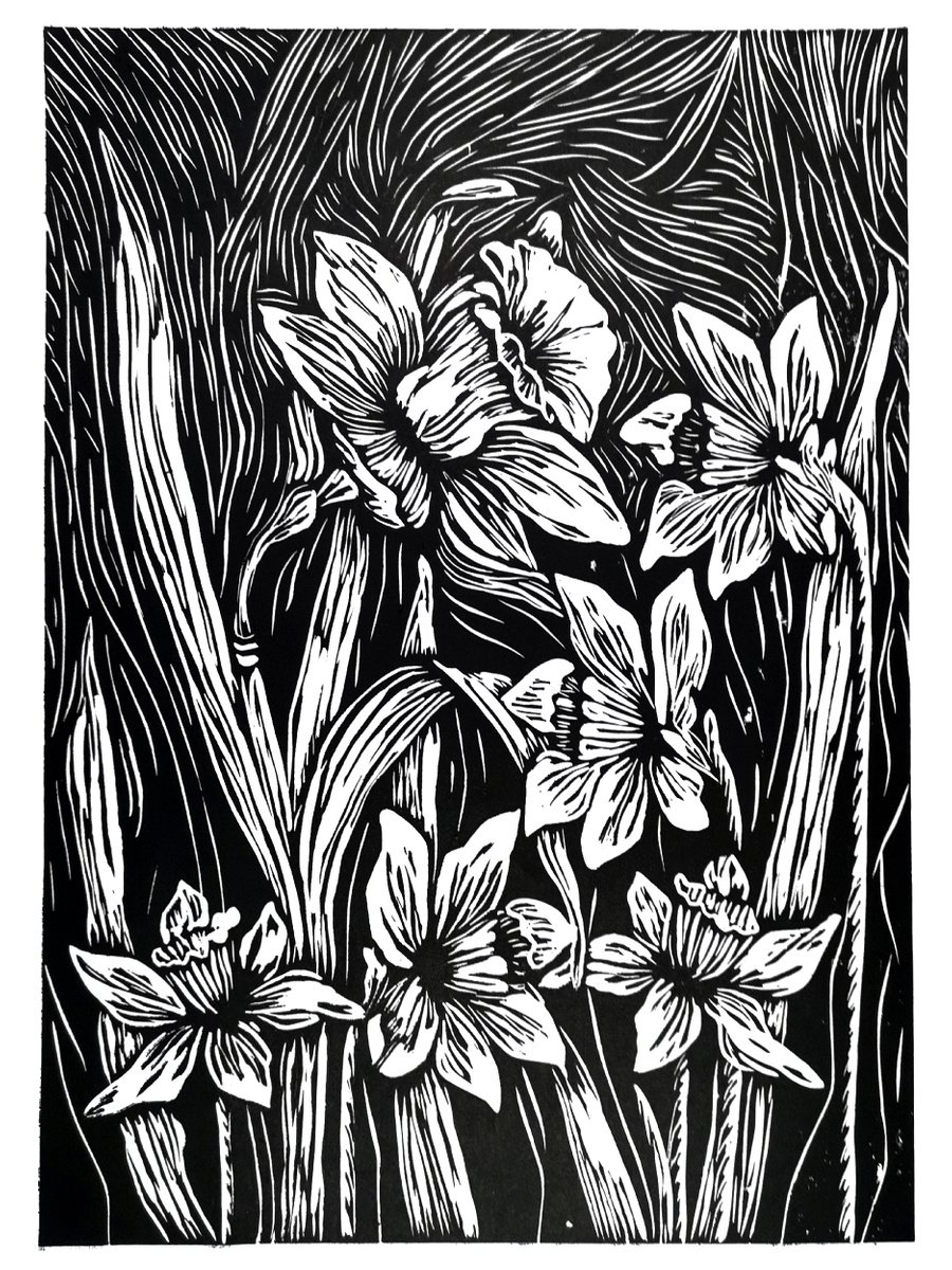 Impressionistic Botanical Linocut By Aneta Gajos, 12 X 16, Daffodils, Original Artwork