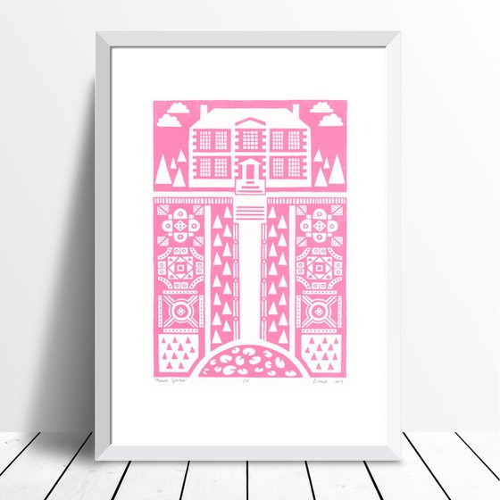 Manor Garden Print A3 Size in English Rose - Framed - FREE UK Delivery