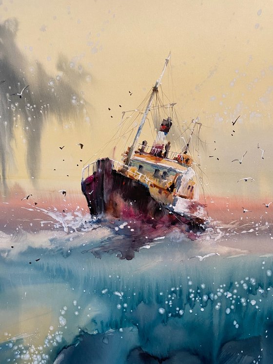 Sold Watercolor "Old boat V” gift For Him