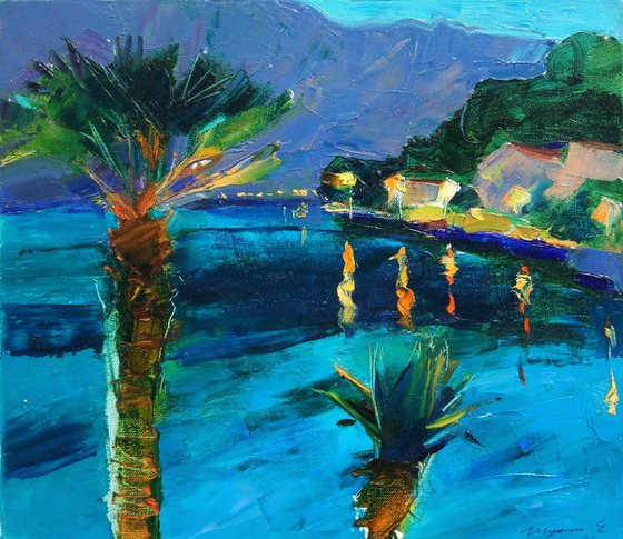 Palm trees , sea, mountains . Evening in Montenegro . Original plein air oil painting .