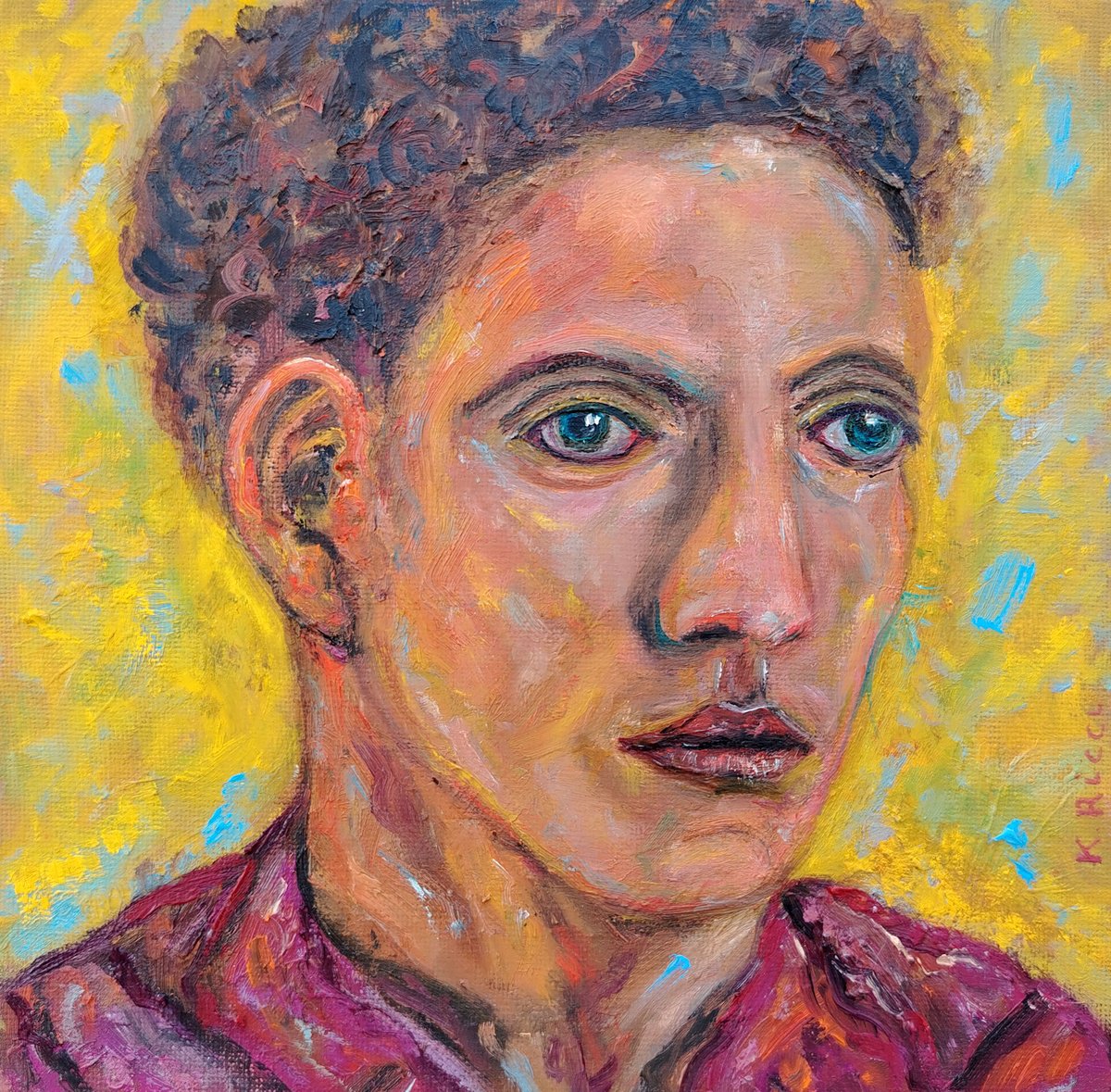 Impressionistic Portrait Oil Painting By Katia Ricci, 8 X 8", Portrait In Yellow Light, Original Artwork