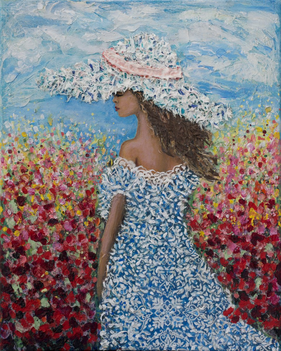 Impressionistic Portrait Acrylic Painting By Lena Owens, 16 X 20", The Blue Muse