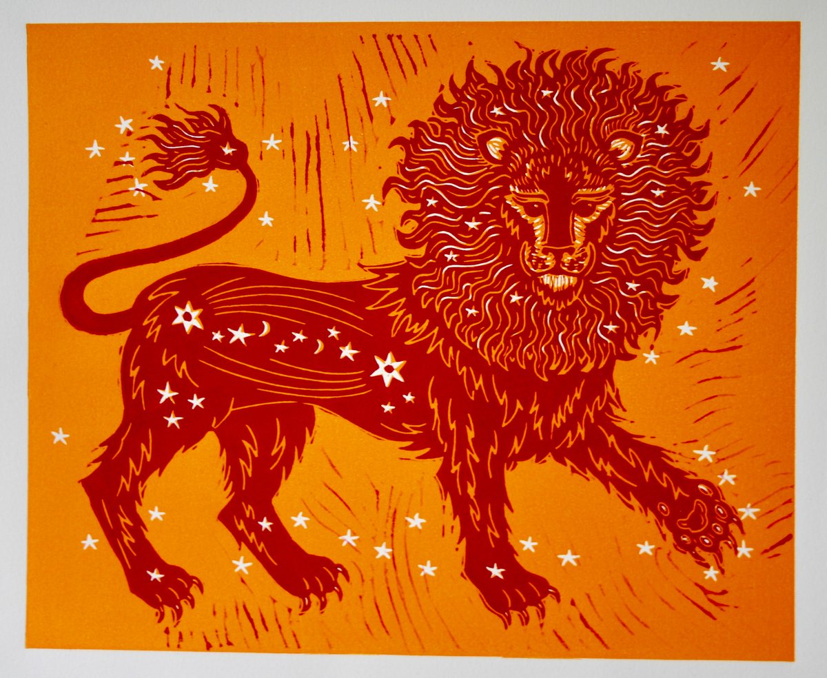 Illustrative Animal Linocut By Kate Willows, 15 X 13", Sun Lion, Original Artwork