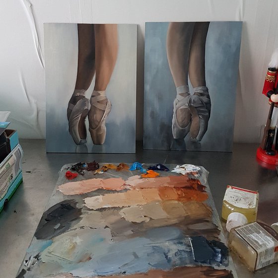 Ballet Feet in Grey, On Pointe Painting, Ballerina, Dance, Framed and Ready to Hang, Feet on Tip-Toes