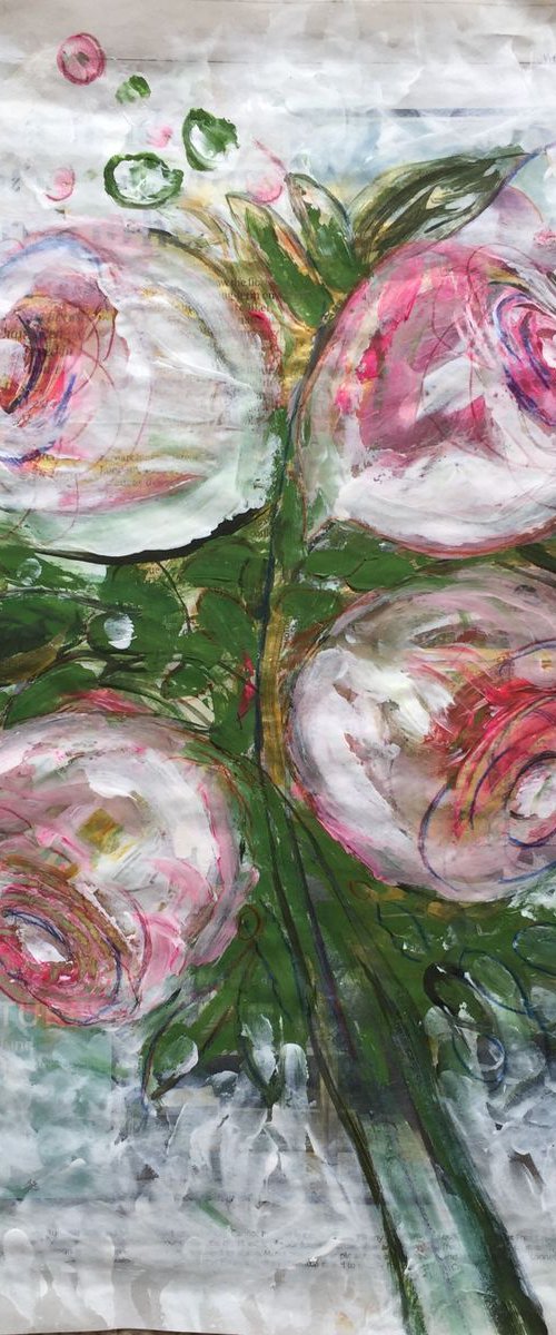 Pink Roses I Acrylic on Newspaper Nature Art Flower Painting of Colour Floral Art Still Life 37x29cm Gift Ideas Original Art Modern Art Contemporary Painting Abstract Art For Sale Buy Original Art Free Shipping by Kumi Muttu