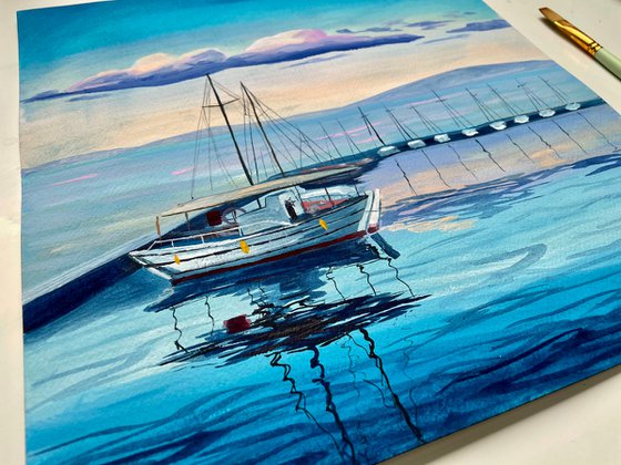 Ship Original Gouache Painting, Sea Ocean Artwork, Sail Boat Illustration, Coastal Home Decor