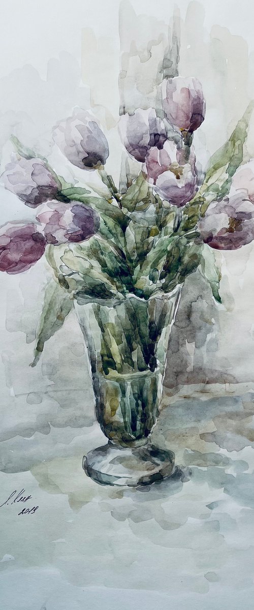 Bouquet of tulips. Original watercolour painting. by Elena Klyan