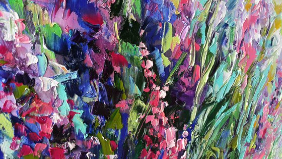 Wild flowers in the garden - Painting original oil impasto, blooming summer flowers artwork
