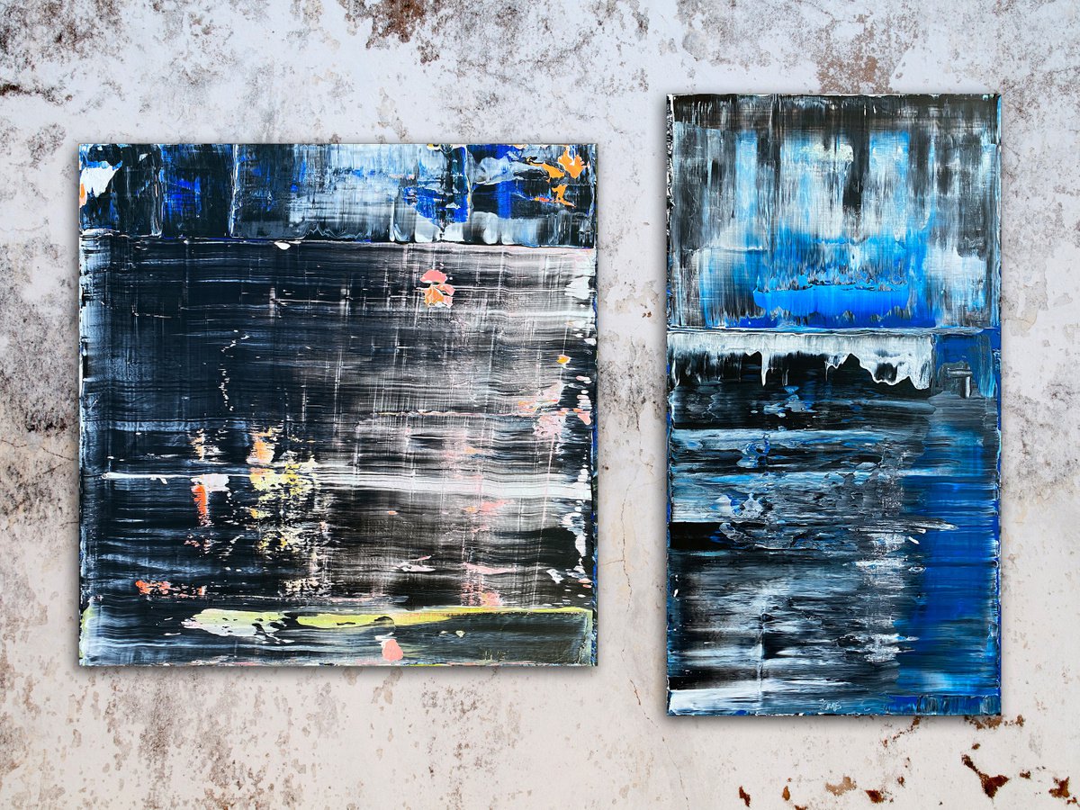 Black and Blue - Save As A Series - Original PMS Abstract Acrylic Painting Diptych on Ha... by Preston M. Smith (PMS)
