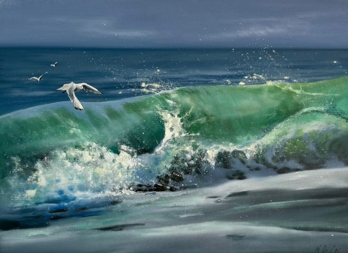 Photorealistic Oil Painting , Emerald Wave By Myroslava Denysyuk, 13 X 9, Artwork For Sale On Artfinder