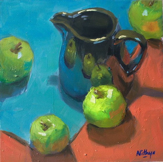 Kitchen Decor - Apples on Red and Blue, One of a kind artwork, Home decor