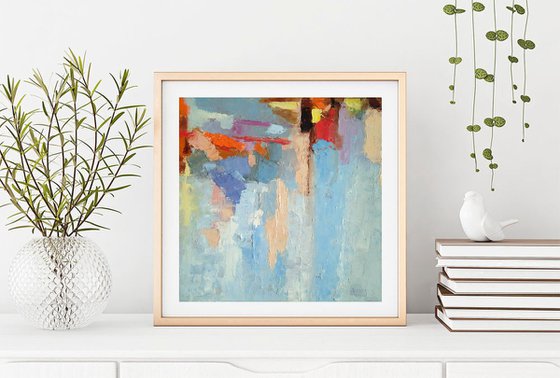 Abstract N 1, Abstract Painting Small Original Art Blue Artwork Multicolor Geometric Wall Art 10 by 10