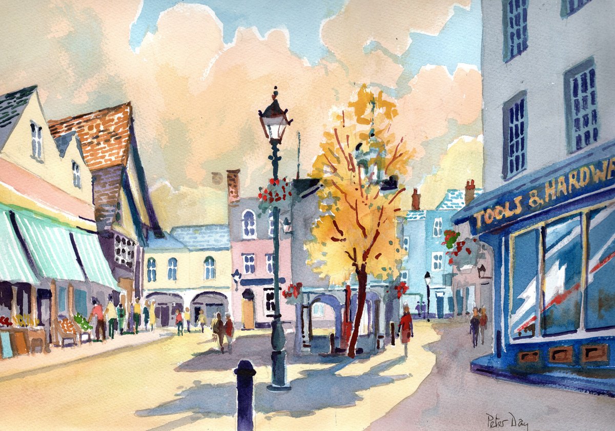 Impressionistic Cityscapes Watercolour By Peter Day, 17 X 13", Faversham Market Place, Original Artwork