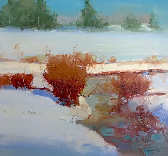 Winter Mood, Landscape oil painting, Handmade artwork