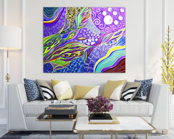 Large abstract painting 100x80 cm. Violet lilac purple light green artwork