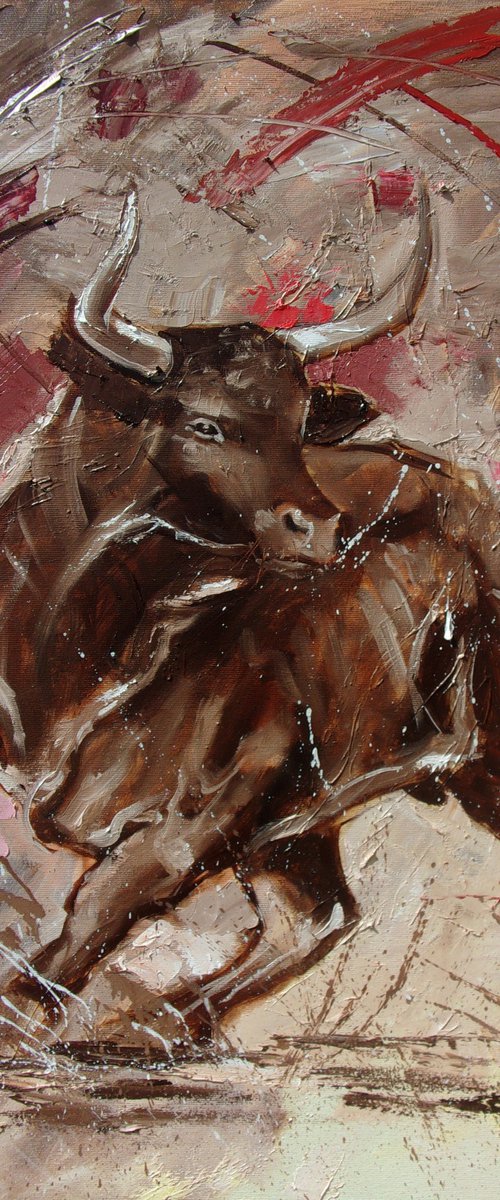 " POWERFULL ... " -  BULL original oil painting on canvas, gift,  PALETTE KNIFE TORRO hossa by Monika Luniak
