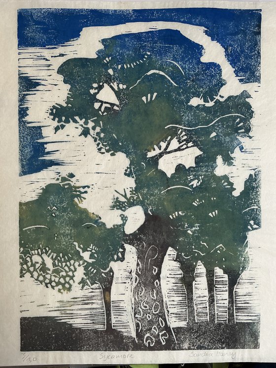 Sycamore linocut and woodblock