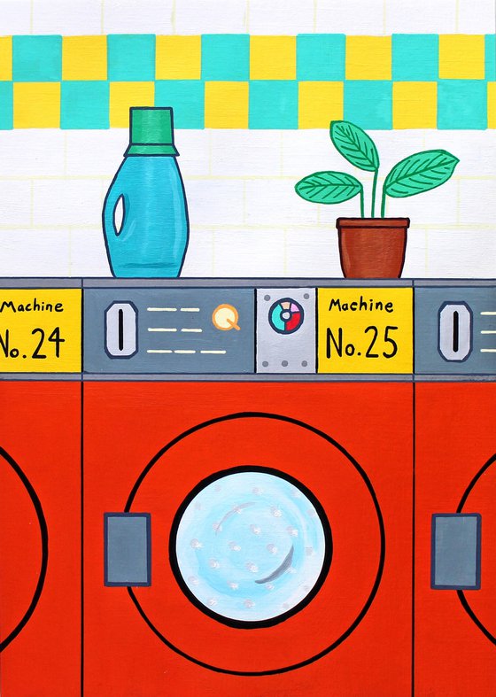 Retro Orange Launderette Interior Pop Art Painting on A4 Paper