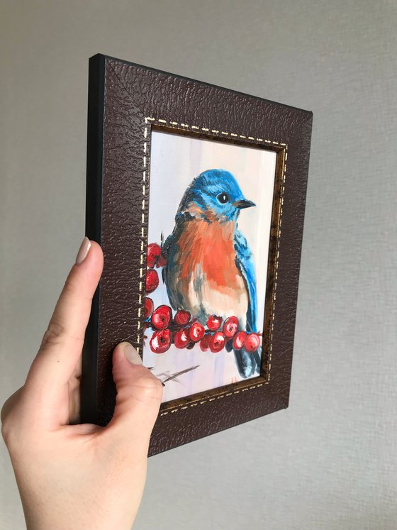 Bluebird painting mini art framed 14.5x20cm