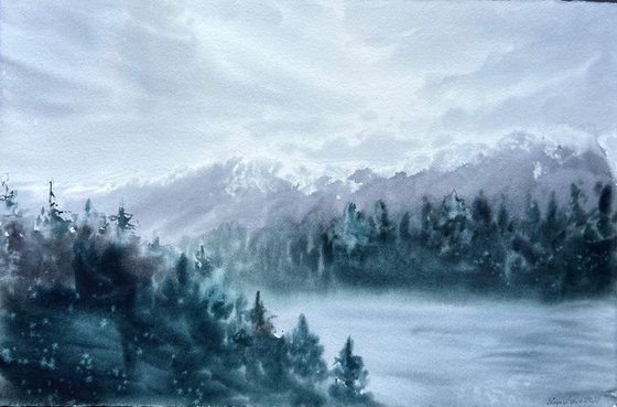 Canmore landscape, Canada, mountains, original watercolour painting
