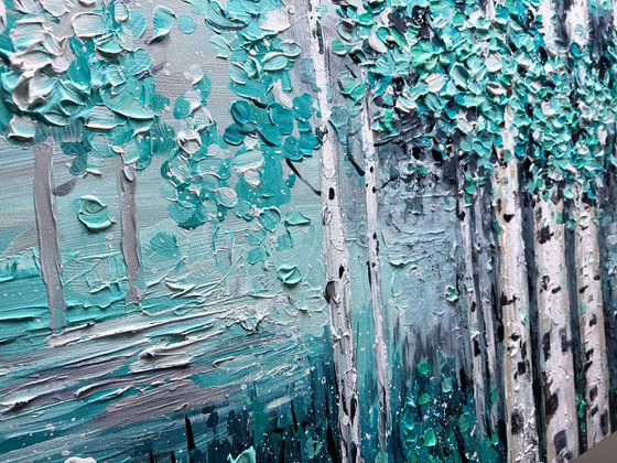 Teal Afternoon - Tree Painting On Canvas, Framed wall art, Teal blue Blomming painting, Heavy Textured art