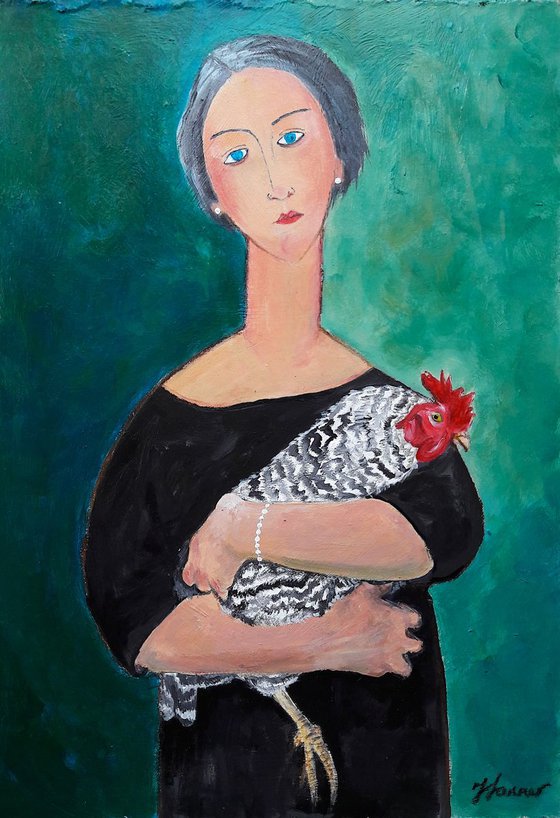 Grey haired Woman with Chicken