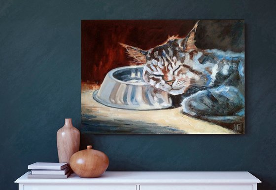 Night Watch, Cat Oil Painting Maine Coon Original Art Funny Sleeping Cat Artwork Pet Portrait Wall Art 40x30 cm