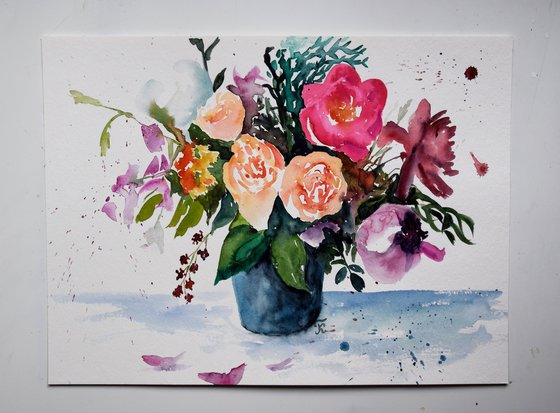 Flower bouquet painting, roses wall art, poppy original artwork, floral decor