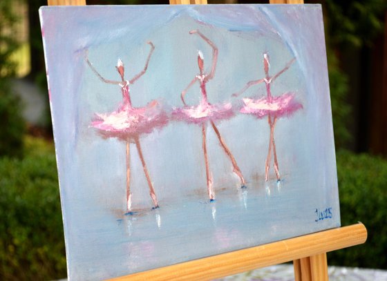 Funny pink ballerinas. Miniature  impasto oil