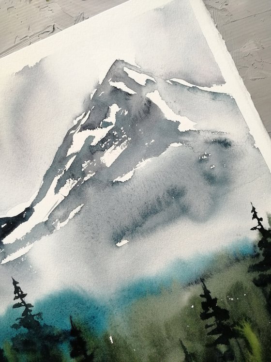 Foggy mountain painting
