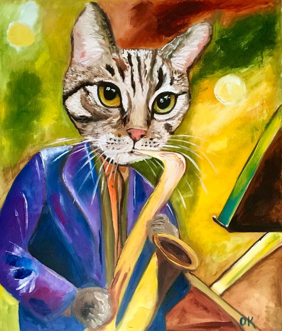 Cat  Saxophonist, musician, feline art for cat lovers