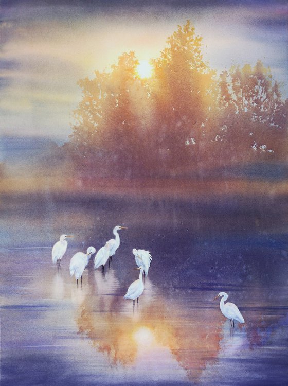 Flock of white herons - Great White Egret - Cattle egret - original watercolor landscape