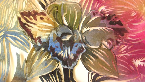 Cymbidium orchid watercolor with paper cut