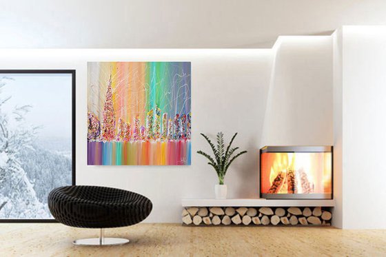 ABSTRACT CITYSCAPE PAINTING, RAINBOW ABSTRACT ART, SKYLINE, SKYSCAPERS, SURREAL ABSTRACTION, MODERN PAINTING, MULTICOLORED, PALETTE KNIFE, RICH TEXTURE, ORIGINAL CONTEMPORARY COLORFUL ART ''THE FUTURE CITY''