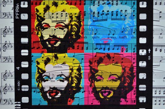 Marilyn Monroe With Beard - Andy Warhol Stylised Collage Art Print on Vintage Music Sheet Page