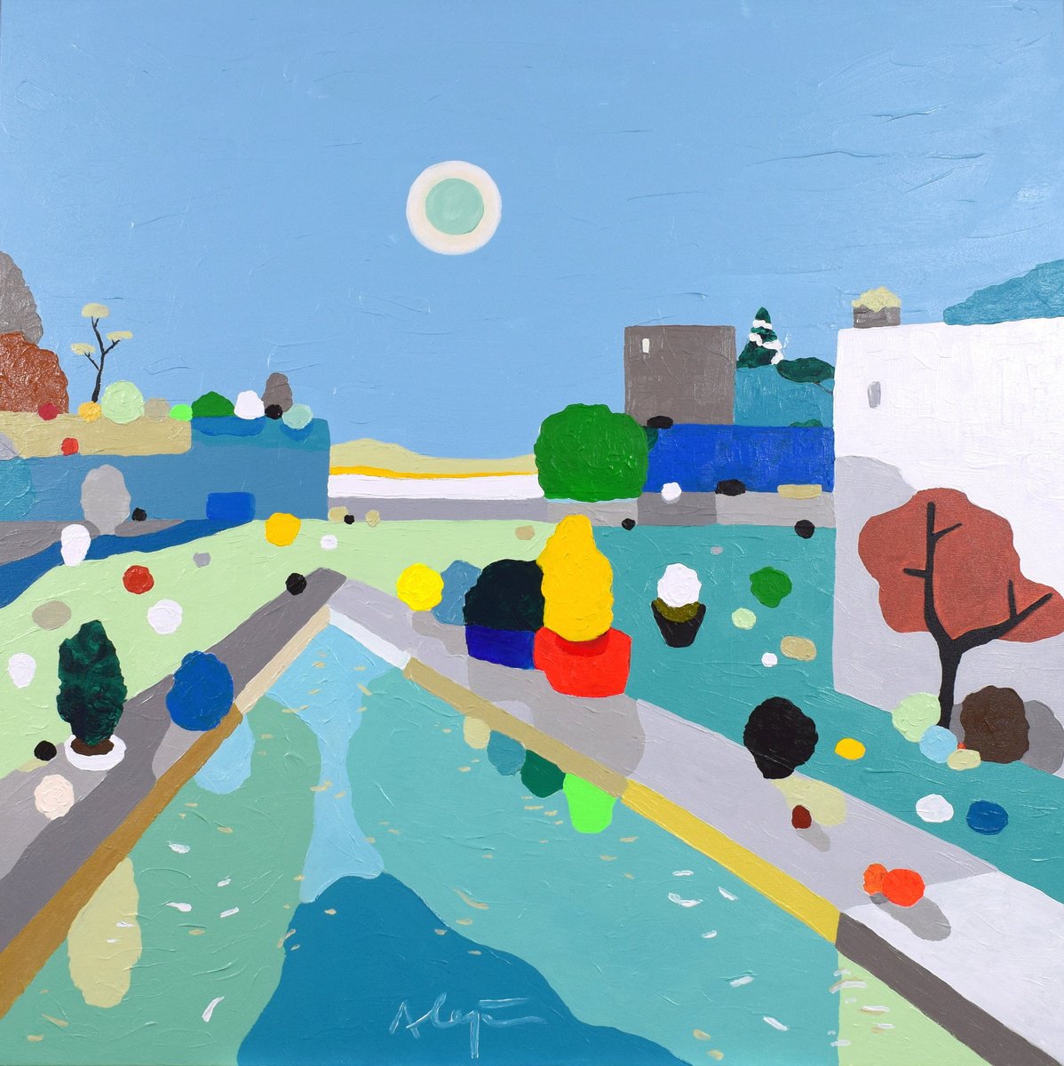 Impressionistic Landscape Acrylic Painting By Alejos, 39 X 39, At Dusk, Original Artwork