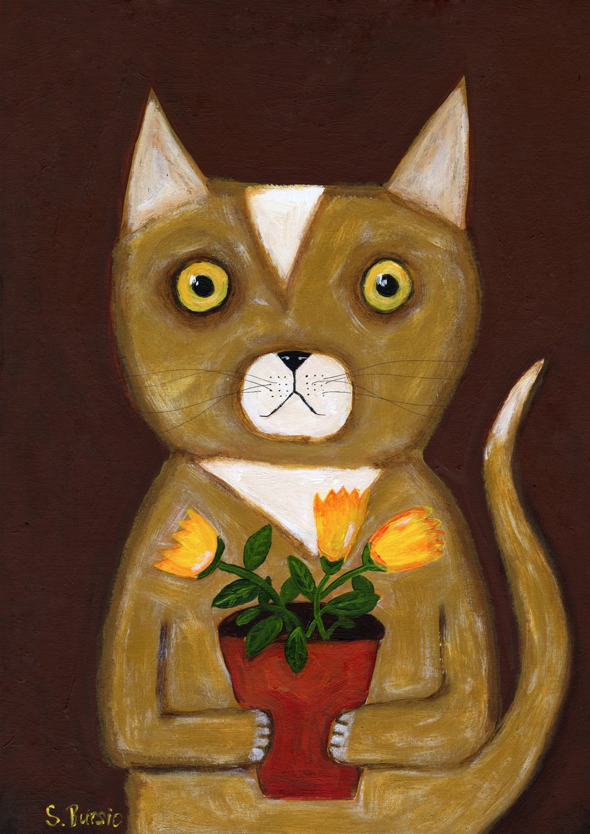 Big Cat with Pot Plant by Sharyn Bursic