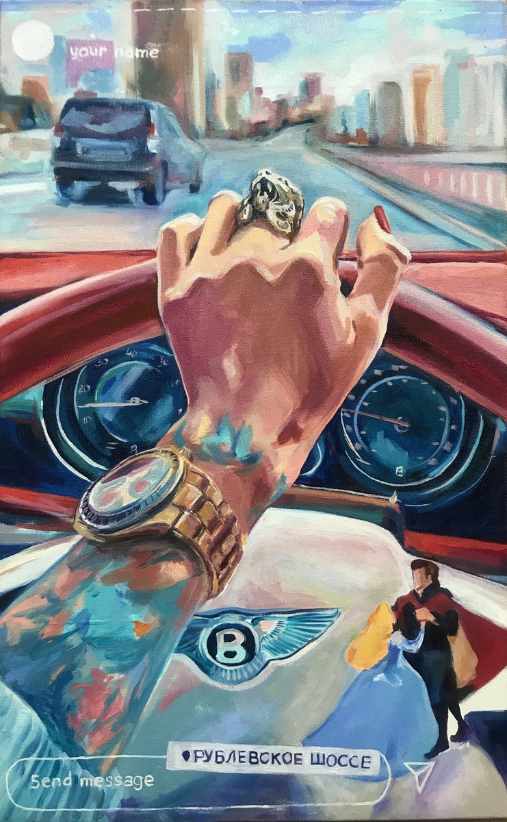 WOMAN POWER - car, driving, original oil painting, woman, red, feminism, girl, love and s... by Sasha Robinson