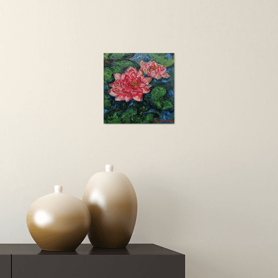 Pink Waterlilies in a pond 20x20cm/8x8 in