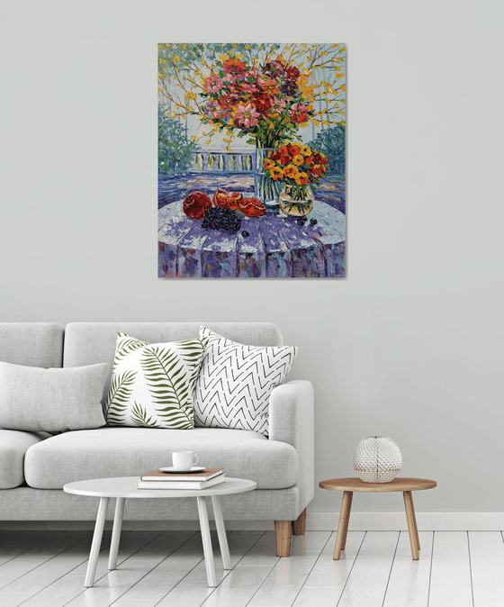 Still life with flowers and fruits (100x80cm, oil painting, palette knife)