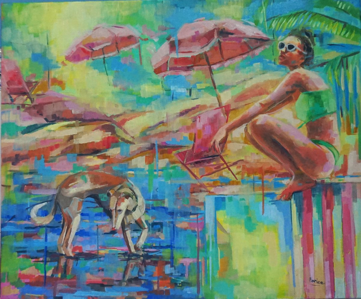 Impressionistic Landscape Oil Painting By Amaya Fernandez Fariza, 29 X 24, Girl And Dog, Original Artwork