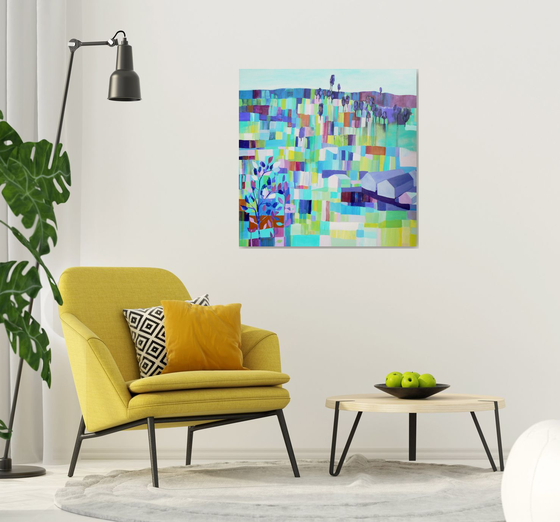 Patchwork landscape (large contemporary semi abstract painting, ready to hang abstract landscape)